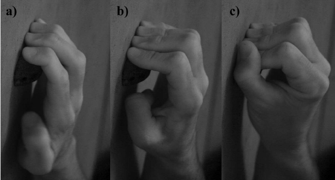 Demonstration of slope, half crimp, and full crimp grip positions. The slope grip is characterised by a flexion of the finger joints. The half crimp is characterised by a hyper extension of the distal joints and the full crimp grip is characterised by the addition of the thumb on the other fingers.